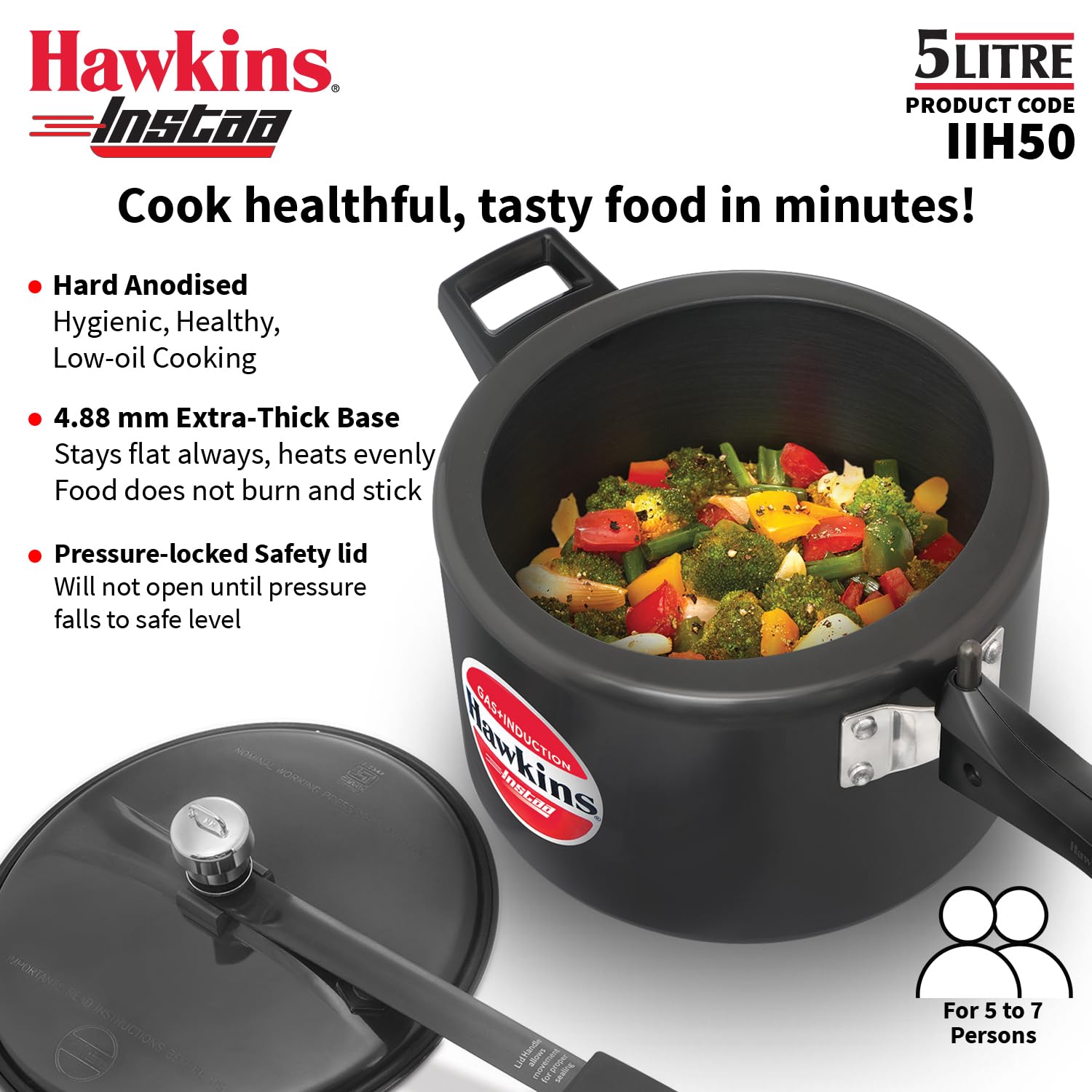 Hawkins 5 Litre Instaa Pressure Cooker, Induction Inner Lid Cooker, Tall Body Hard Anodised Cooker, Black (IIH50)