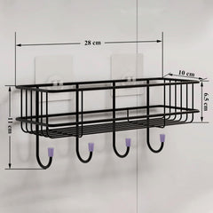 Plantex GI Steel Self Adhesive Bathroom Shelf & Rack/No Drill Wall Mount Bathroom Organiser with Hooks & Towel Hanger/Kitchen Hanging Shelf (Pack of 4-Black, Powder Coated)-2