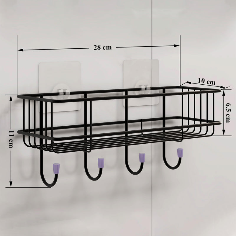 Plantex GI Steel Self Adhesive Bathroom Shelf & Rack/No Drill Wall Mount Bathroom Organiser with Hooks & Towel Hanger/Kitchen Hanging Shelf (Pack of 4-Black, Powder Coated)-2