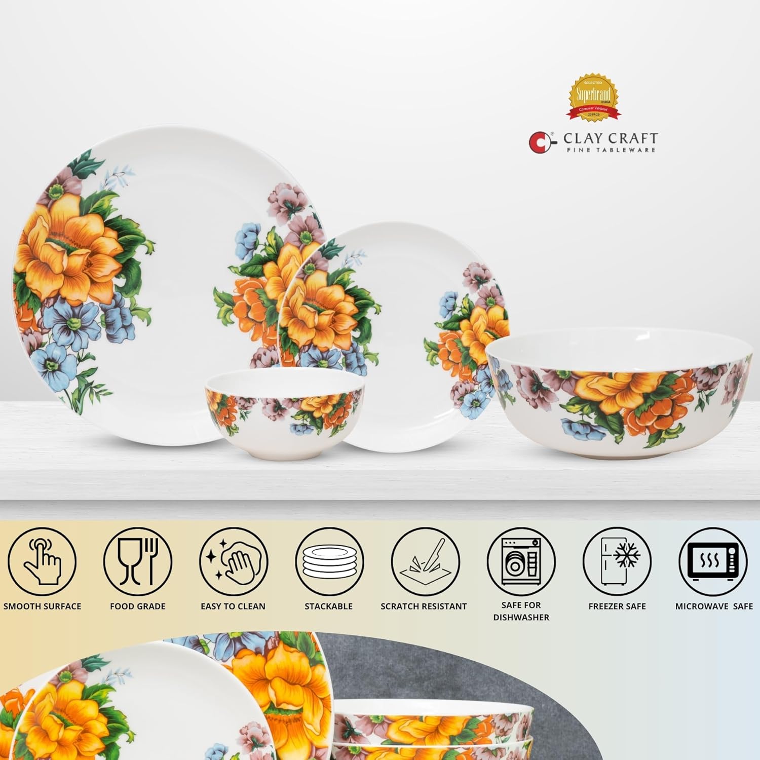 Clay Craft Fine Ceramic Eco4 Dinner Set (Set of 14), for Family of 4, Dinner Set Ceramic, Crockery Set, Dining Set for Dinner, Crockery Set for Gift, Kitchen Set for Home, Daily Use Crockery Set