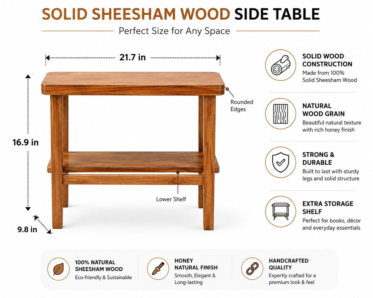 Solid Sheesham Wood C Shape Side Table for Living Room | Modern Sofa End Table | Wooden Laptop Table for Bed | 