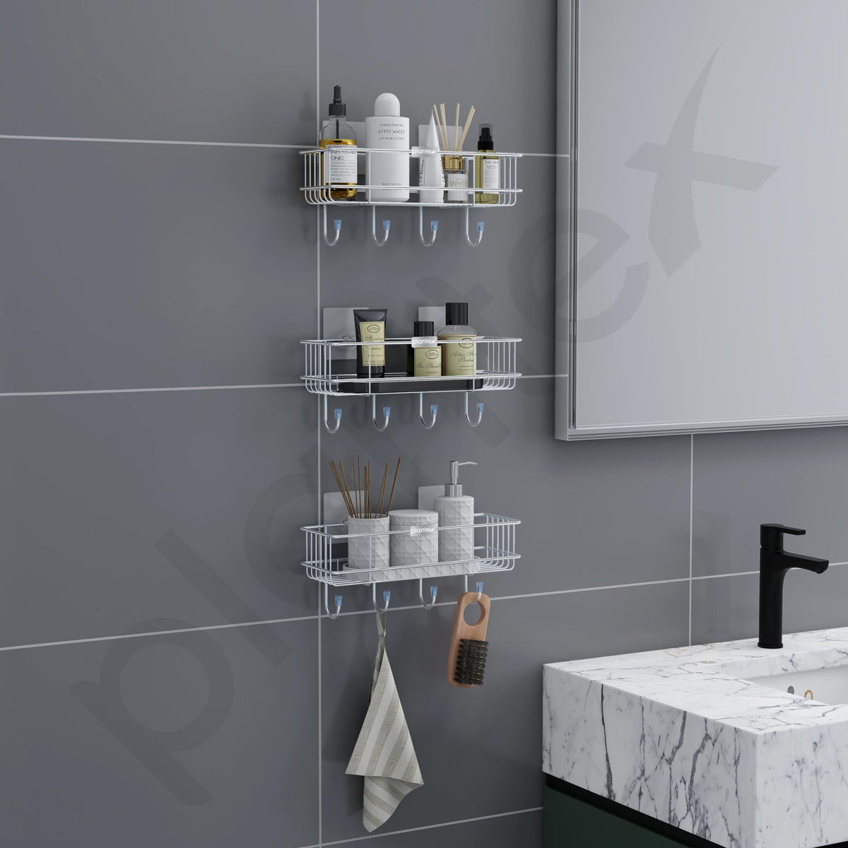 Plantex Stainless Steel Self Adhesive Shelf/Multipurpose Bathroom Shelf with Hooks/Towel Holder/Rack/Bathroom Accessories Set/Bathroom Organiser Without Drill - Pack of 3 (Chrome)-2