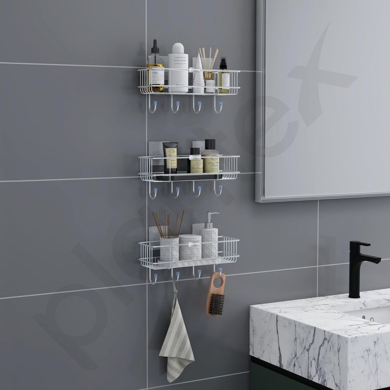 Plantex Stainless Steel Self Adhesive Shelf/Multipurpose Bathroom Shelf with Hooks/Towel Holder/Rack/Bathroom Accessories Set/Bathroom Organiser Without Drill - Pack of 3 (Chrome)-2
