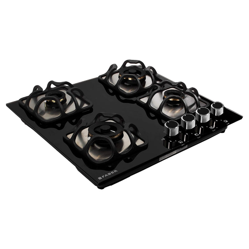 Faber Glass and Mild Steel Hobtop Imperia 604 BRB Ci Bk 4 Brass Burner Auto Electric Ignition Glass Top (Black)