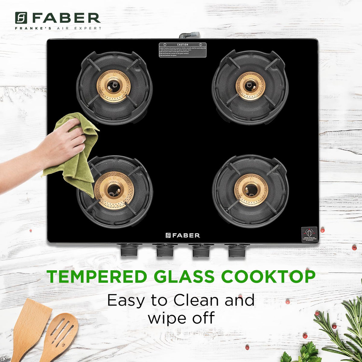 Faber 4 Burner Auto-Ignition Cooktop| ONYX AI 4BB BK |Black ABS Knobs| Brass Burners| Cast Iron Pan Support| Black Glass