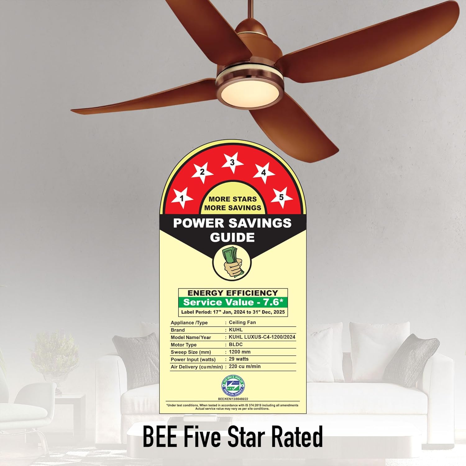 KUHL Luxus C4 1200mm Stylish 65% Power Saving BLDC Ceiling Fan with Remote | Night & Down Light | 29W | BEE 5 Star | Low Noise | IoT –Operate via Mobile & Alexa|Reverse Mode|Free Installation|Brown