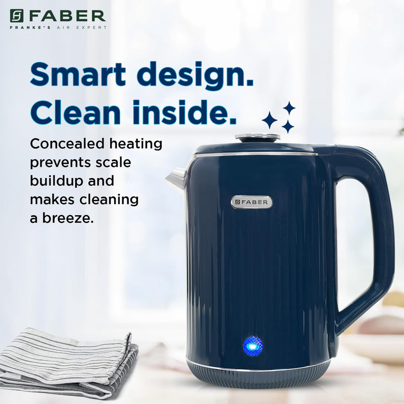 Faber Electric Water Kettle| 1.8L| 1500W| 3X Protection - Auto Off, Dry Boil, Overheating| Double Layered Cool Touch Out