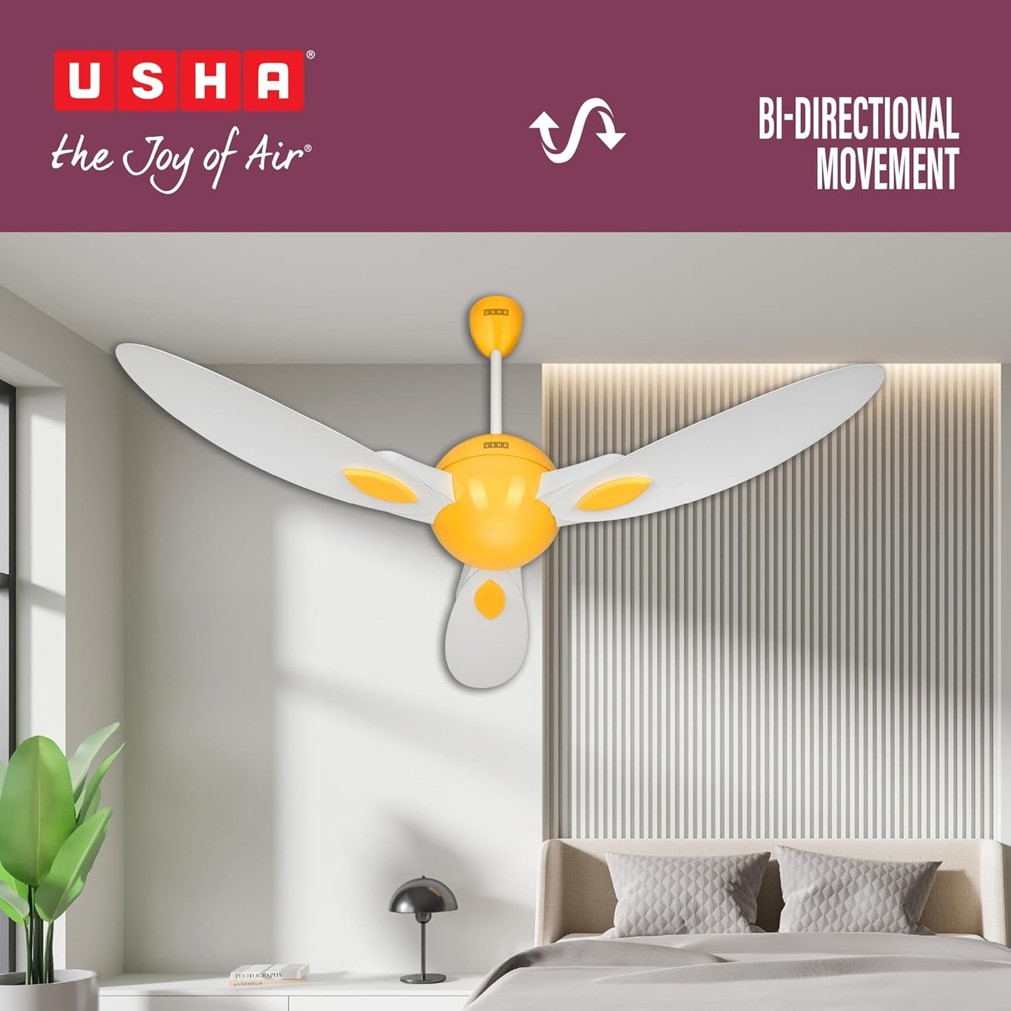 USHA New Bloom Series Plumeria (Inspired by Plumeria) BLDC Ceiling Fan with Bi-Directional Feature | Sleep/Boost/Timer Modes | RF Remote | Whisper-Quiet | Dust-Resistant (white & Saffron Yellow)