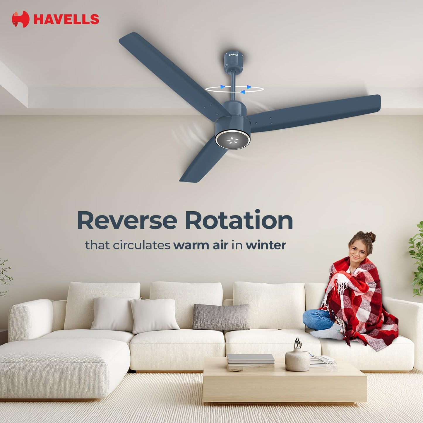 Havells FAB BLDC ULED Ceiling Fan 1200mm, 5 star, LED Speed Indicator, 380 RPM, Up to 65% Savings,Reverse Rotation,4 Speed Modes,Low Wattage 30W,Low Noise,Air Flow:225 CMM, 3 Year Warranty, Denim Blue