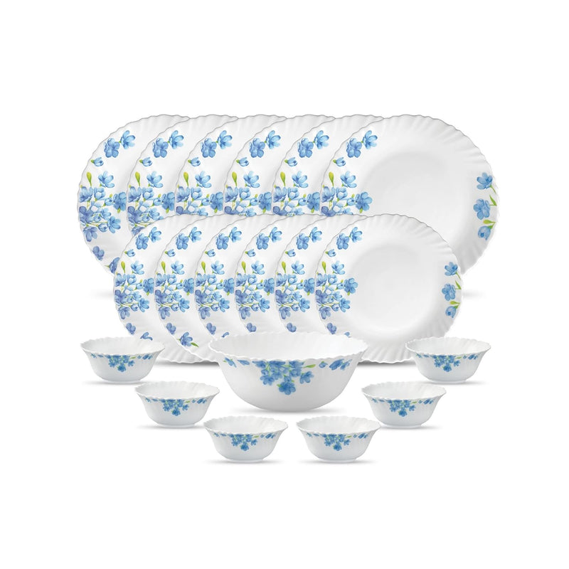 La Opala Diva Classique Collection Opal Glass Crockery | for Family of 6 | Dinner Set 19 pcs Aster Blue | Plates & Bowls for Dining | Microwave Safe | 100% Vegetarian | Extra Strong | White