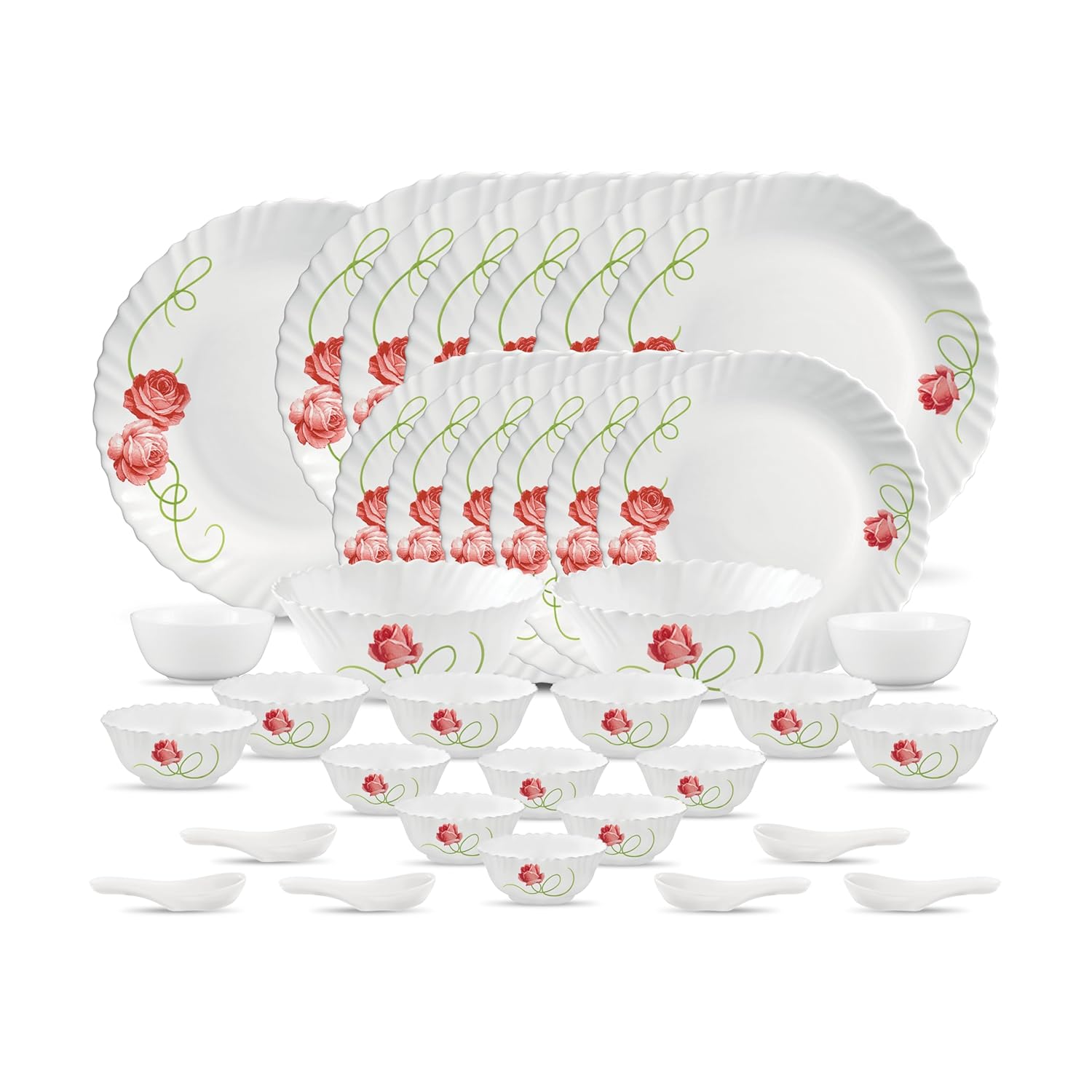 La Opala Novo Collection Opal Glass Crockery | for Family of 6 | Dinner Set 35 pcs Dainty Swirls | Plates & Bowls for Dining | Microwave Safe | 100% Vegetarian | Extra Strong | Light & White
