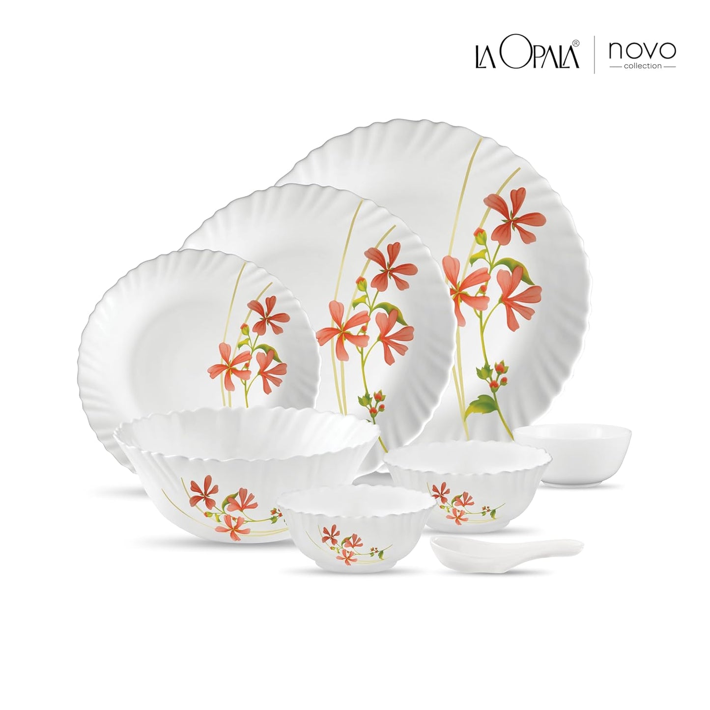 La Opala Novo Collection Opal Glass Crockery | for Family of 6 | Dinner Set 35 pcs Coral Charm | Plates & Bowls for Dining | Microwave Safe | 100% Vegetarian | Extra Strong | Light & White