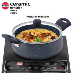 Hawkins Ceramic Nonstick Handi with Glass Lid, 3 Litre, Induction Biryani Pot, Granite Casserole (ICH30G)