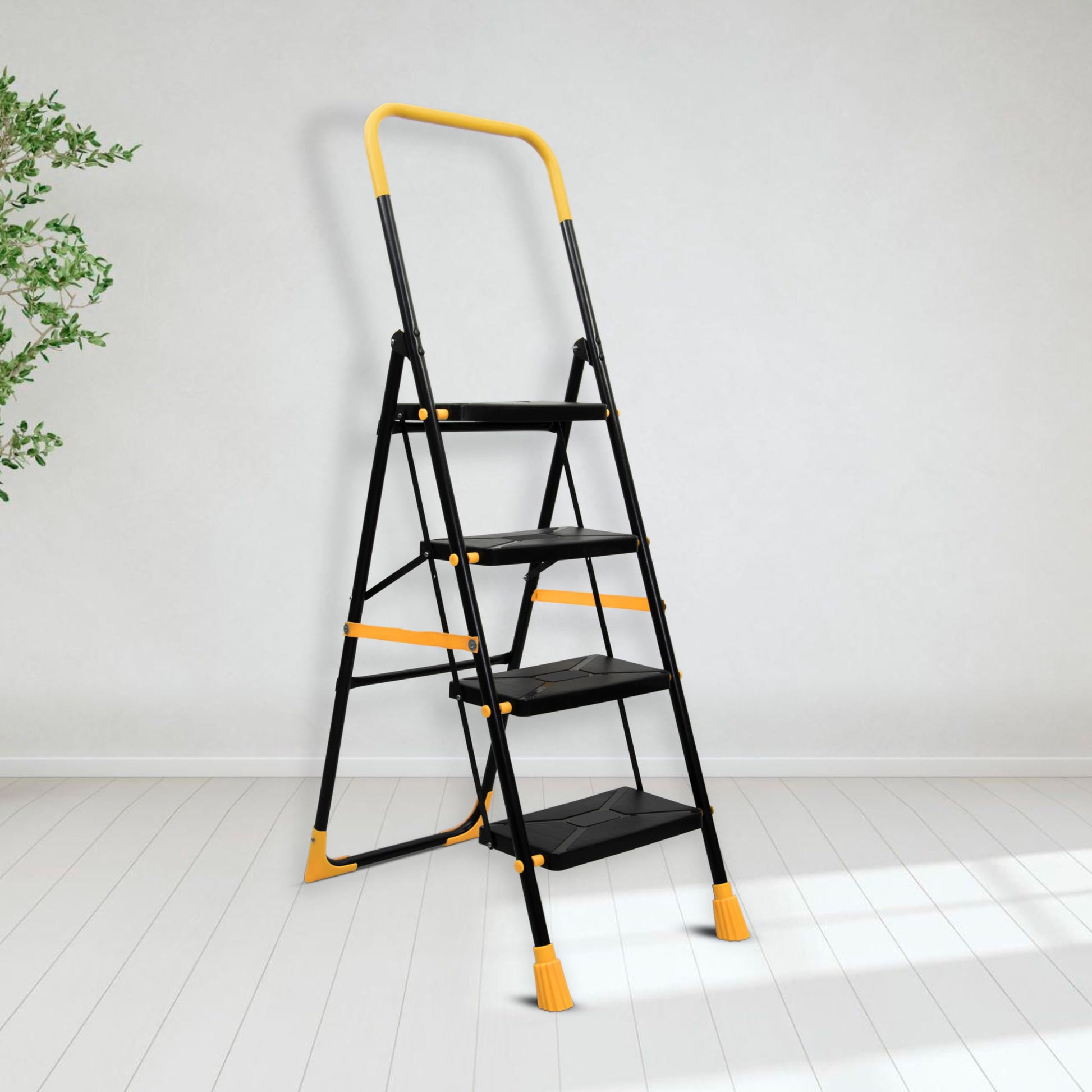 Plantex Stylo Heavy-Duty Mild-Steel Folding 4 Step Ladder for Home with Advanced Locking System/Wide Anti-Skid Step Ladder (Black & Blue)