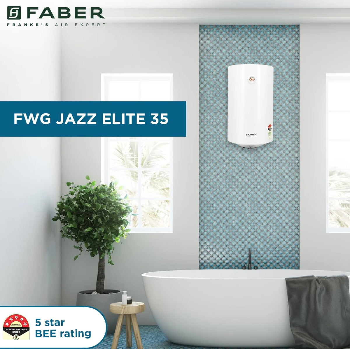 Faber Jazz Elite 35L Vertical Storage Water Geyser | Heating Indicator, 8 Bar Pressure, Titanium Glassline Coated Tank, 