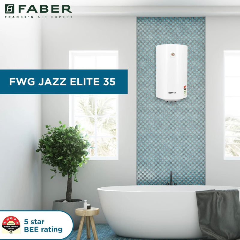 Faber Jazz Elite 35L Vertical Storage Water Geyser | Heating Indicator, 8 Bar Pressure, Titanium Glassline Coated Tank, 