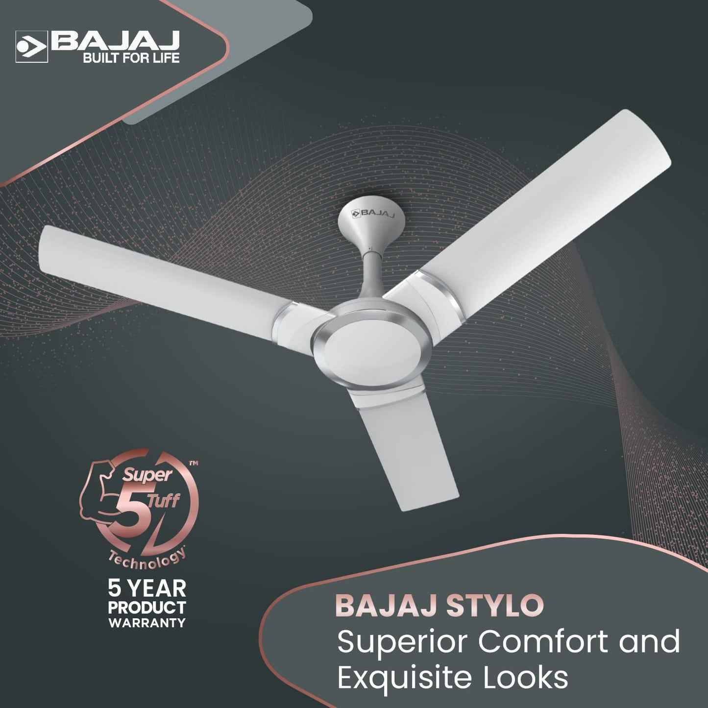 Bajaj Stylo 12S2 1200MM Ceiling Fans for Home | BEE-2 Star Rated Energy Efficient | SUPER 5TUFF TECHNOLOGY™ | SumoTuff Blades | High Air Delivery & High Speed | 5-Yrs Warranty 【Sparkle White】