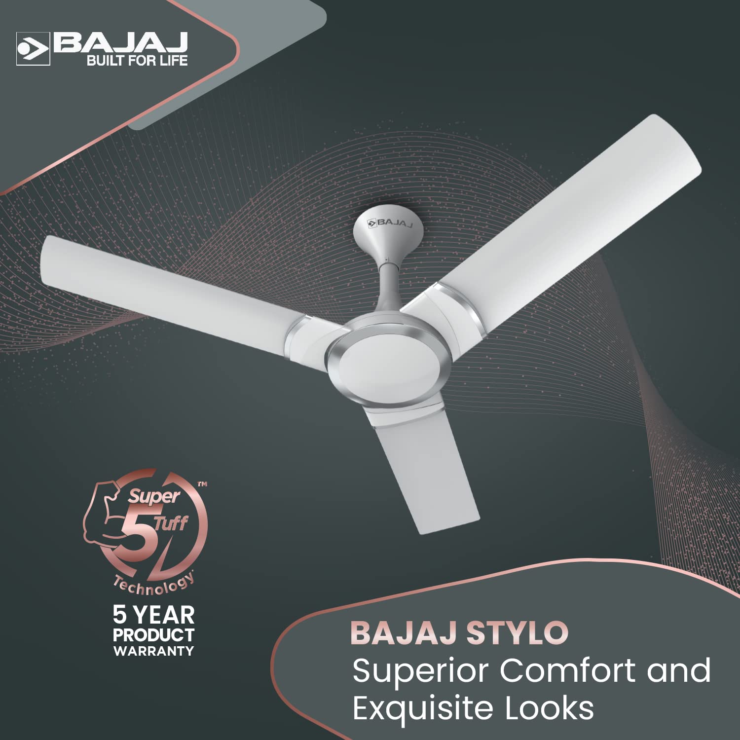 Bajaj Stylo 12S2 1200MM Ceiling Fans for Home | BEE-2 Star Rated Energy Efficient | SUPER 5TUFF TECHNOLOGY™ | SumoTuff Blades | High Air Delivery & High Speed | 5-Yrs Warranty 【Sparkle White】