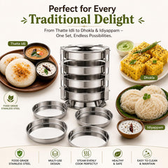 Thatte Idli Maker Stainless Steel | dhokla maker | idiyappam, pan cake maker | 4 plates with heavy stand