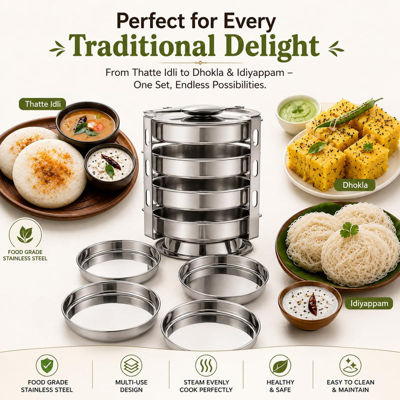 Thatte Idli Maker Stainless Steel | dhokla maker | idiyappam, pan cake maker | 4 plates with heavy stand