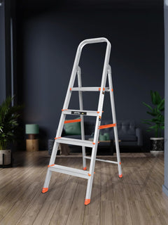 Plantex Legend 4 Step Ladder for Home/Anti-Slip Steps/Easy to Fold Aluminium Ladder/Capacity Upto 150 kg (Orange-Chrome)