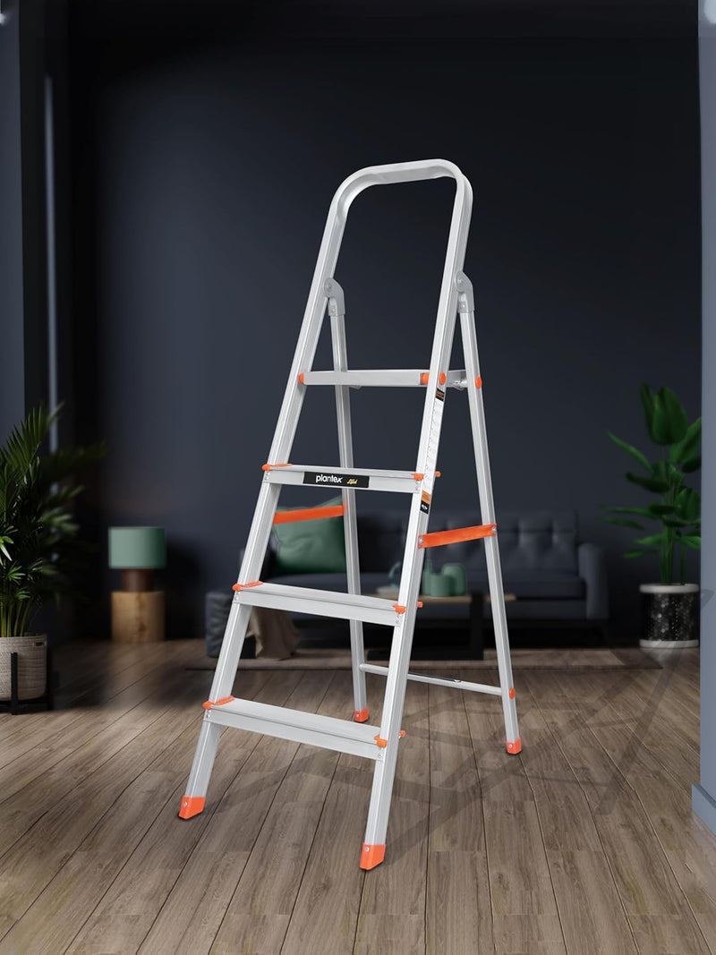 Plantex Legend 4 Step Ladder for Home/Anti-Slip Steps/Easy to Fold Aluminium Ladder/Capacity Upto 150 kg (Orange-Chrome)