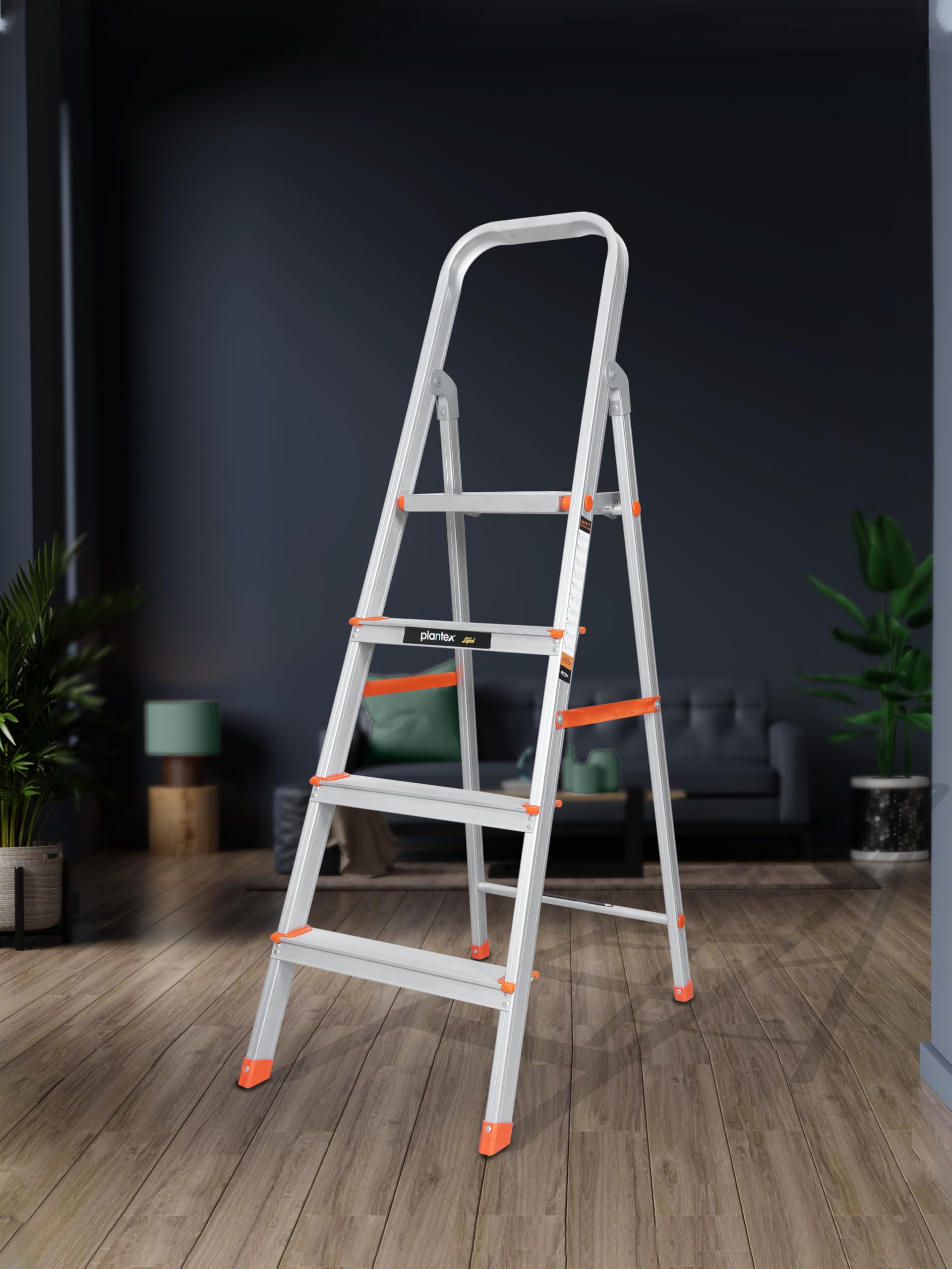 Plantex Restructured Legend Aluminium Folding 5 Step Ladder for Home - 5 Wide Step Ladder (Orange-Chrome)