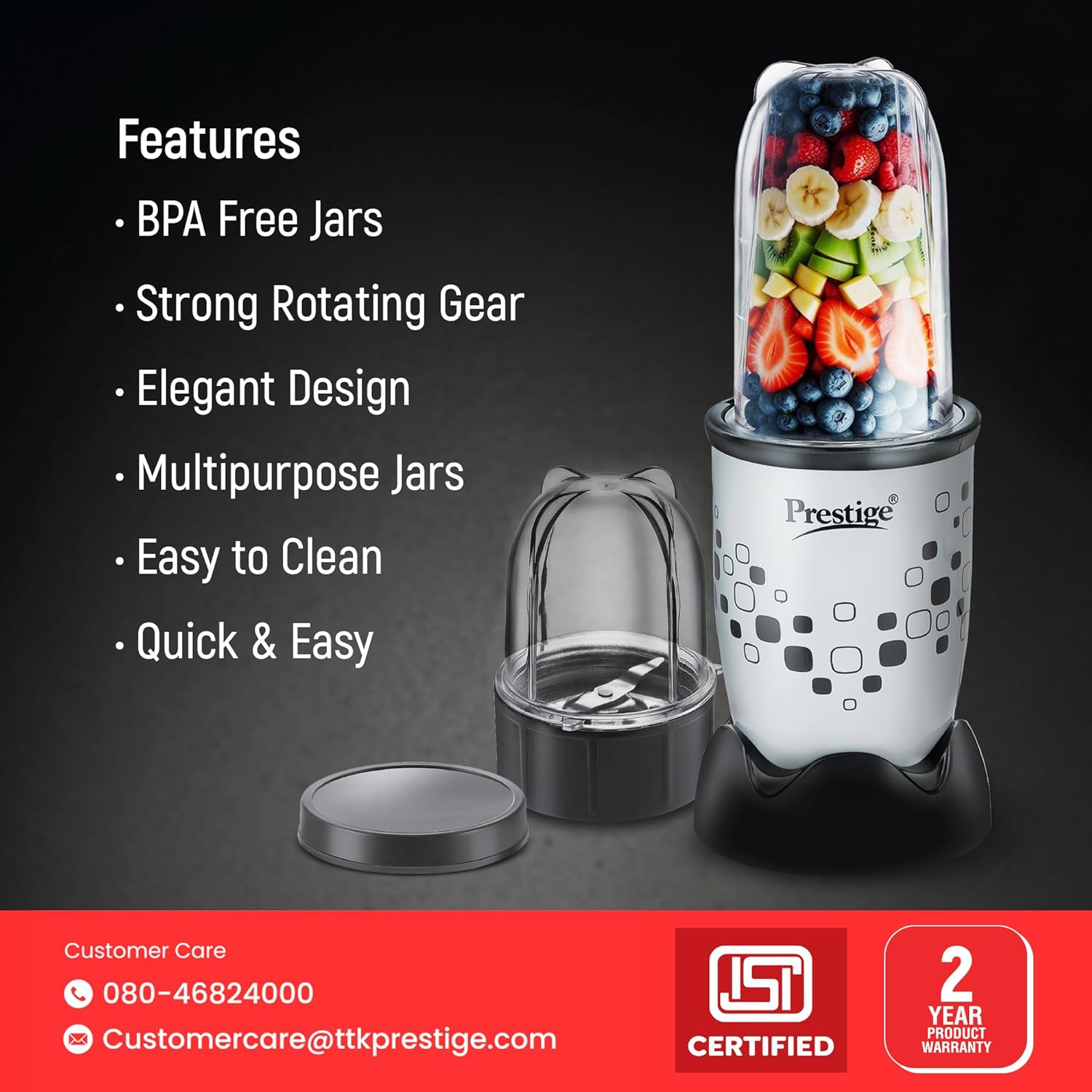 Prestige Nutri-Mix 2.0, 350W Mixer Grinder with 2 Multipurpose Jars | Compact Design | Dual Safety Interlock System | Extra Lids for Storage | Black & Grey