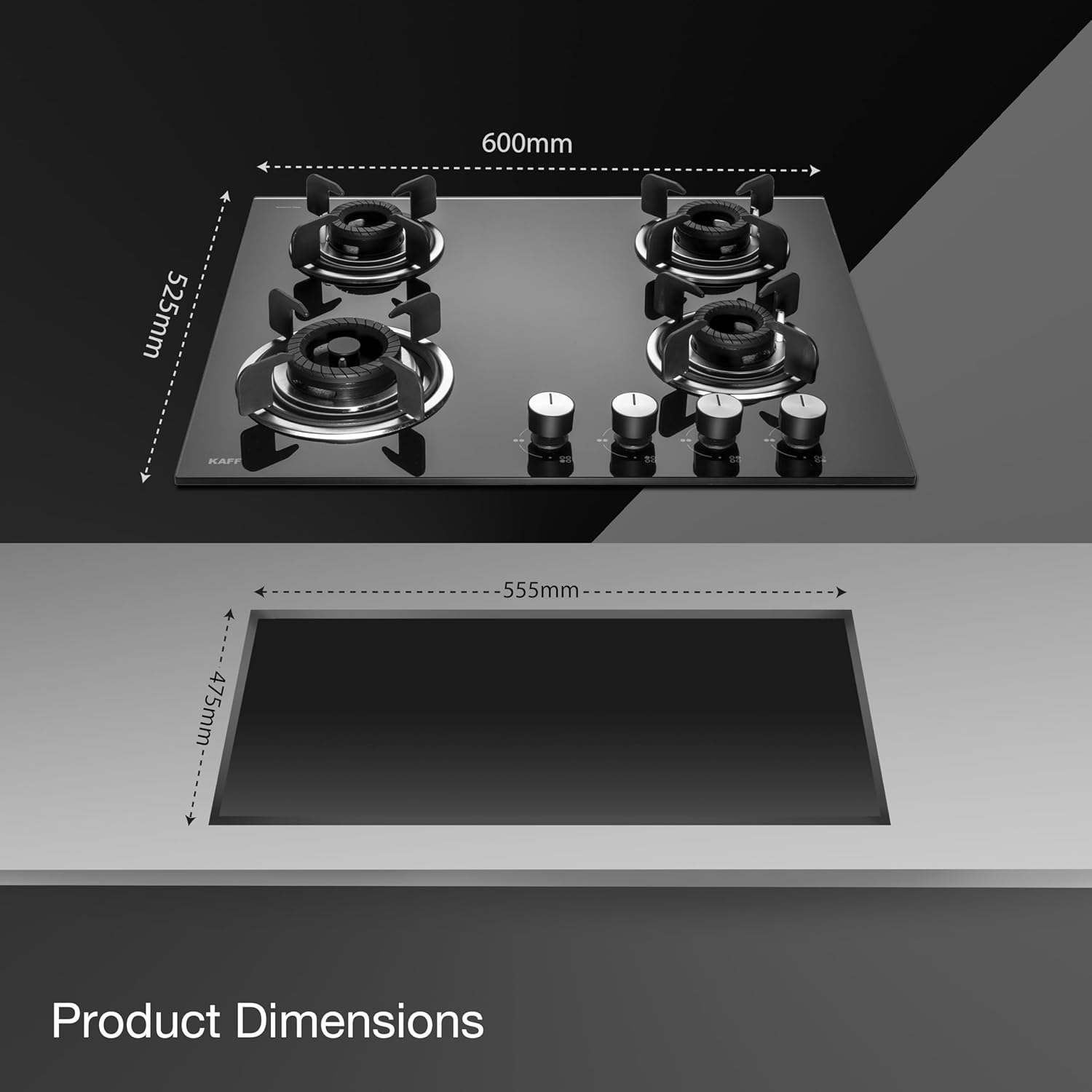 KAFF 4 Burners Open Built-In Hob & Hobtop For Modular Kitchen -8 MM|Auto Electric Ignition Glass Top|Tornado Style Burners| Enamelled Matt Finish, Easy Grip Knobs, Toughened Glass (Black,80CM)