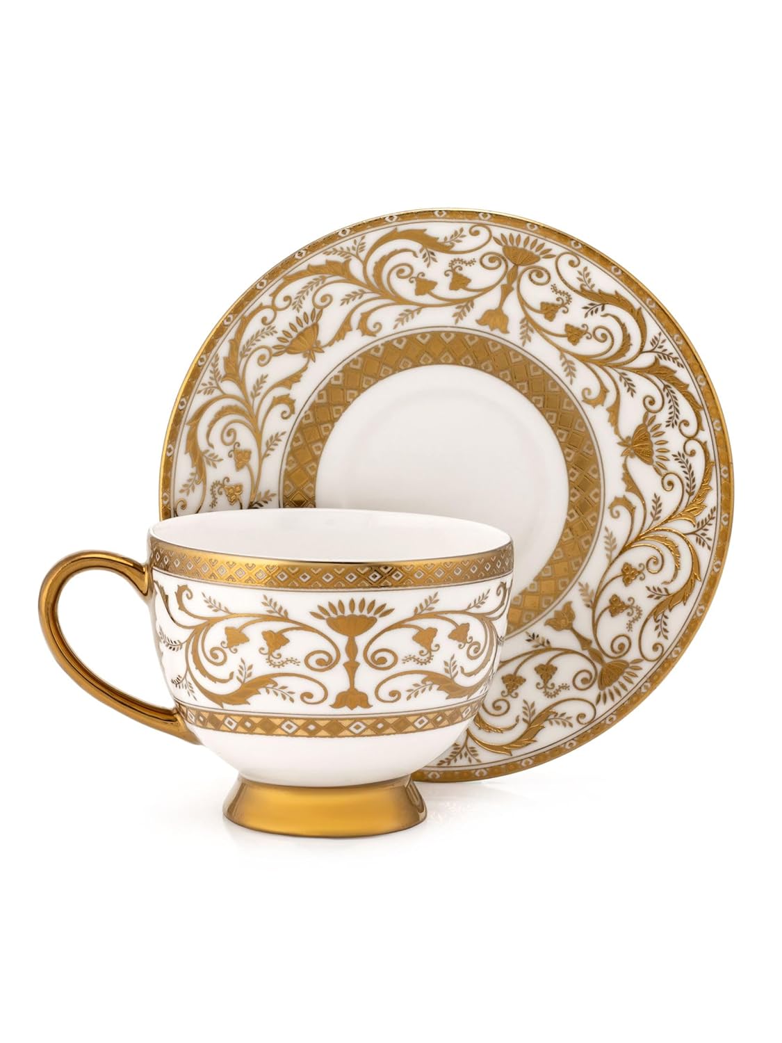 Clay Craft Fine Ceramic Julian Gold Printed Cup & Saucer Set of 12 (6 Cups + 6 Saucers) - 180 ml Each