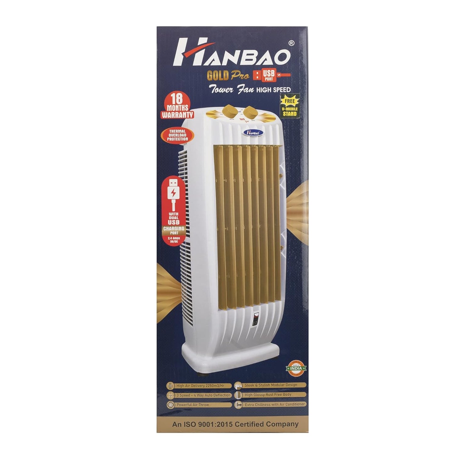 HANBAO Dual USB Charging Port High-Speed TOWER FAN, TOP safety motor, 3 Speed - 4 Way Air Deflection, High Air delivery @ 2250 m3/hr, Hi-speed & powerful, GOLD PRO 18 months Warranty
