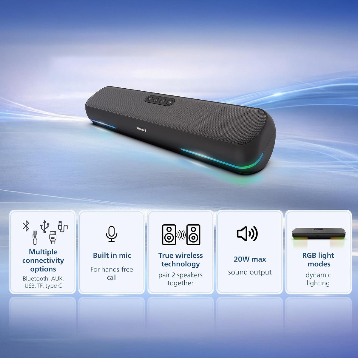 Philips TAB4120BK/94 Wireless Bluetooth Soundbar, 20W, 8H Playtime, Bluetooth 5.1, TWS Mode, RGB Light