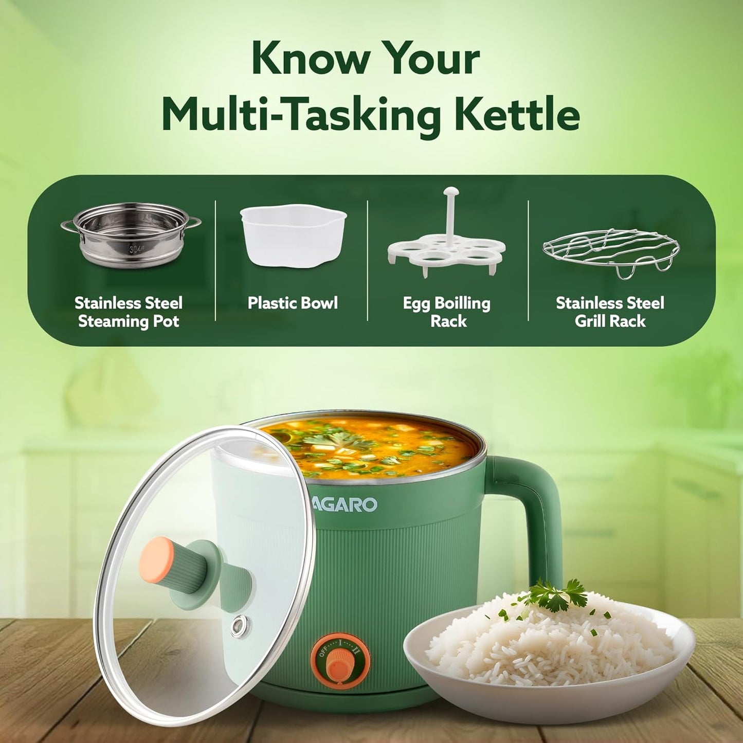AGARO Regency Multi Cook Kettle With Steamer, 1.2L Inner Pot, Double Layered Body, Variable Temperature Settings, Wide Mouth, Boiling, Steaming, Tea, Coffee, Egg, Vegetable Boiling, 600W, Sea Green