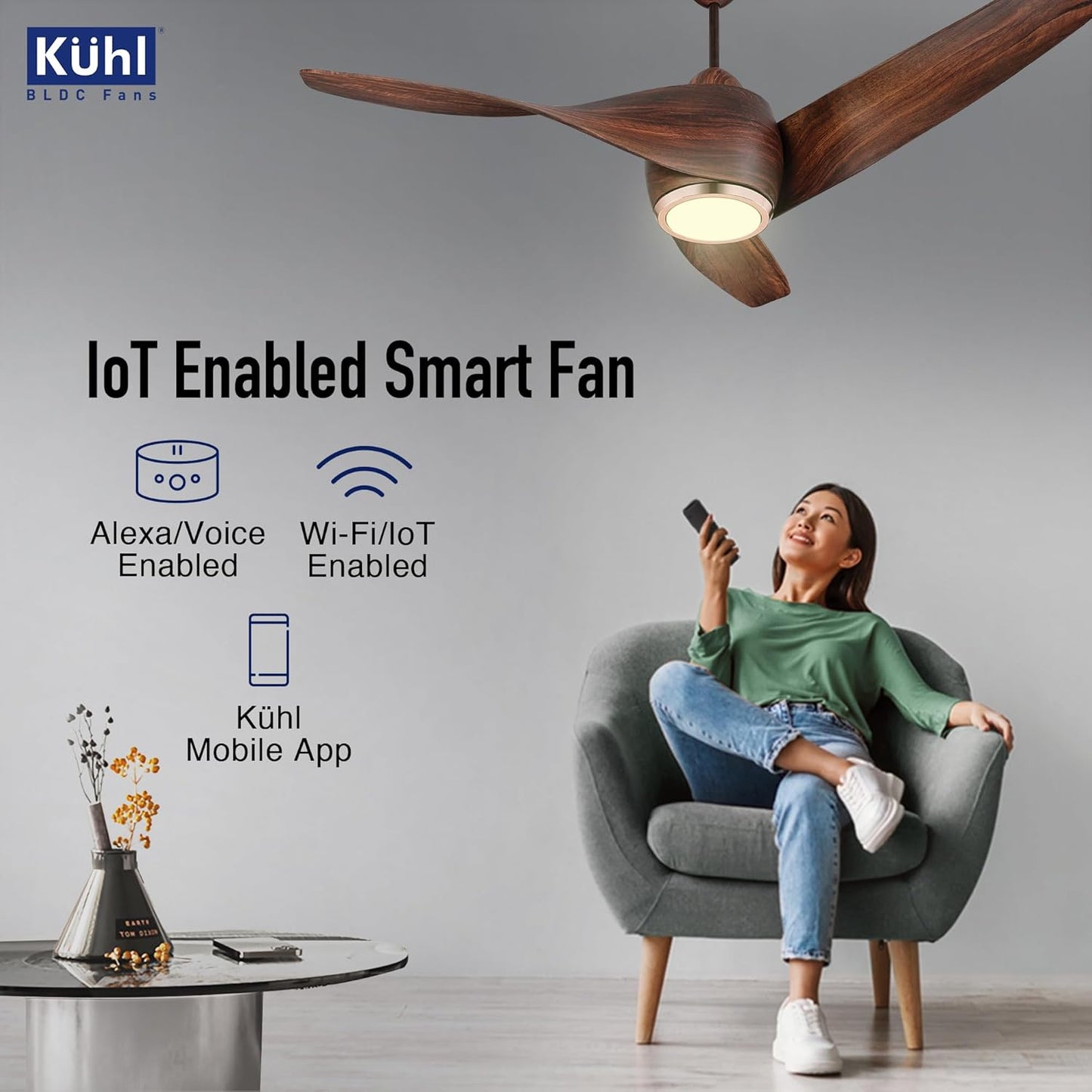 KUHL Twist L3 1320 mm 65% Power Saving BLDC Ceiling Fan | BEE 5 Star Rated & ISI Marked | High Air Flow |5YearWarranty on Motor By Brand |Free Installation | IoT – Operate via Mobile & Alexa | Teak
