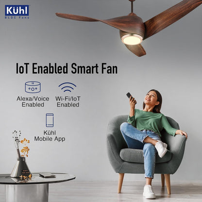 KUHL Twist L3 1320 mm 65% Power Saving BLDC Ceiling Fan | BEE 5 Star Rated & ISI Marked | High Air Flow |5YearWarranty on Motor By Brand |Free Installation | IoT – Operate via Mobile & Alexa | Teak