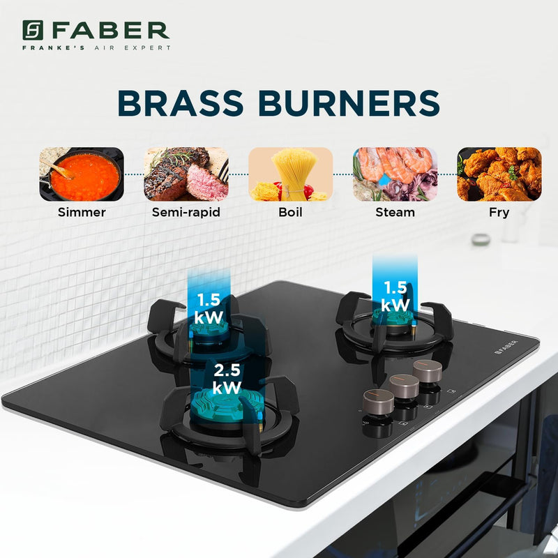 Faber 3 Burner 78Cm HOBTOP|Auto Ignition |Metal Knobs| Cast Iron Pan Support|HOB/Cooktop Hybrid|Black Glass Finish|5 Yrs