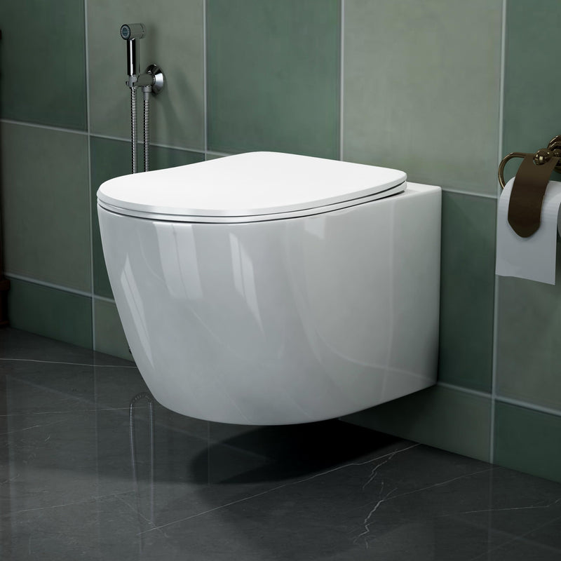 Plantex Italica Ceramic Wall Hung Commode/Imported Rimless Washdown Western Commode with Soft Close Toilet Seat - P Trap (Round, White Glossy)-1