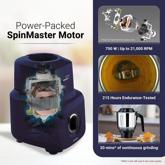 V-Guard Citius 750 Watt Juicer Mixer Grinder (New Launch) | 3-Year Motor Coverage | 4 Jars | Juicer, Wet, Chutney & Dry | Juicer Jar With Quadraflow Design | SS Blades | Blue