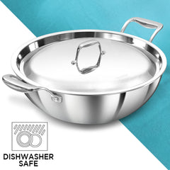 Hawkins Pro 6 Litre Deep-Fry Pan, Triply Stainless Steel Kadhai with Stainless Steel Handles and Stainless Steel Lid, Silver (PSK60S)
