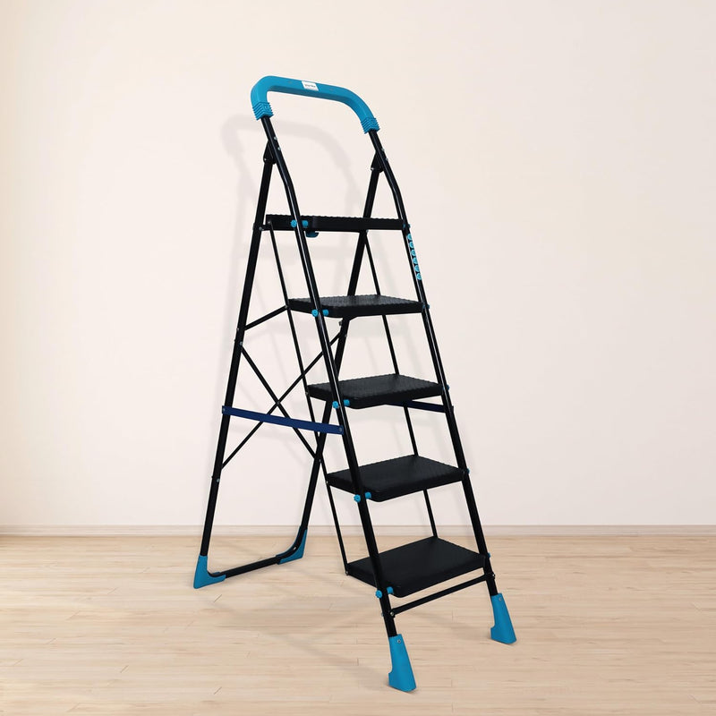 Plantex Heavy-Duty Mild Steel Stylo Folding Ladder with Wide Steps/5 Steps Ladder for Home with Advanced Locking System - 5 Wide Step Ladder(Black & Blue)