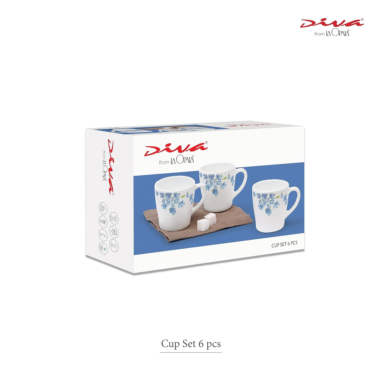 La Opala Diva, Opal Glass Crockery | Cup Gloria, Set of 6 | Royal Iris, 160 ml | for Tea & Coffee | Microwave Safe | 100% Vegetarian | Toughened Extra Strong | Super Light | Super White