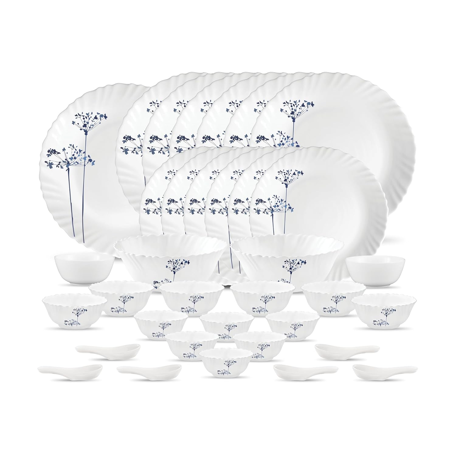 La Opala Novo Collection Opal Glass Crockery | for Family of 6 | Dinner Set 35 pcs Aqua Spray | Plates & Bowls for Dining | Microwave Safe | 100% Vegetarian | Extra Strong | Light & White
