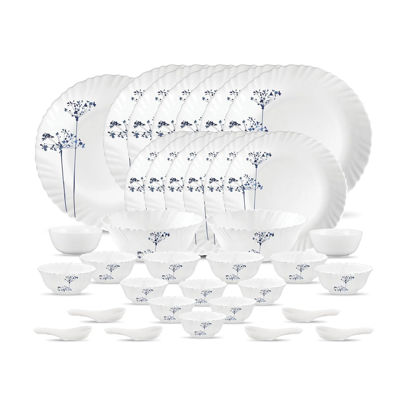 La Opala Novo Collection Opal Glass Crockery | for Family of 6 | Dinner Set 35 pcs Aqua Spray | Plates & Bowls for Dining | Microwave Safe | 100% Vegetarian | Extra Strong | Light & White