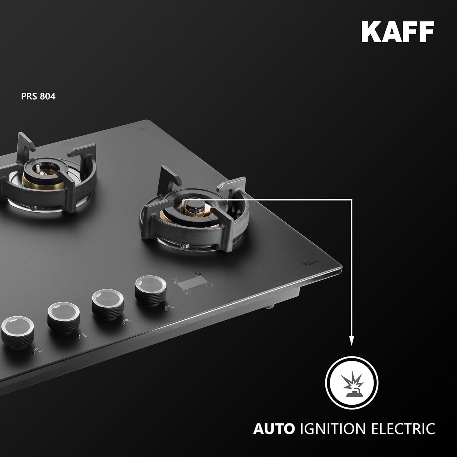 KAFF | PRESTON |80CM 4 Burners Open Built-In Hob & Hobtop With Digital Timer | 8Mm Premium Frosted Black Glass | Powerful Brass Burners With Full Flame Failure Device | Enamelled Matt Finish | PRS804