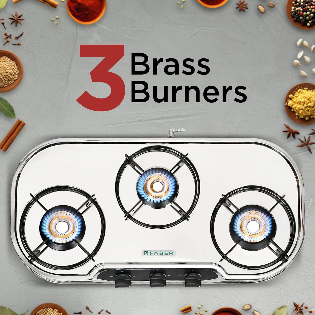Faber high efficiency 3 Brass Burner gas stove|| Stainless Steel|| ISI Certified gas stove, Manual Ignition, (COOKTOP CR