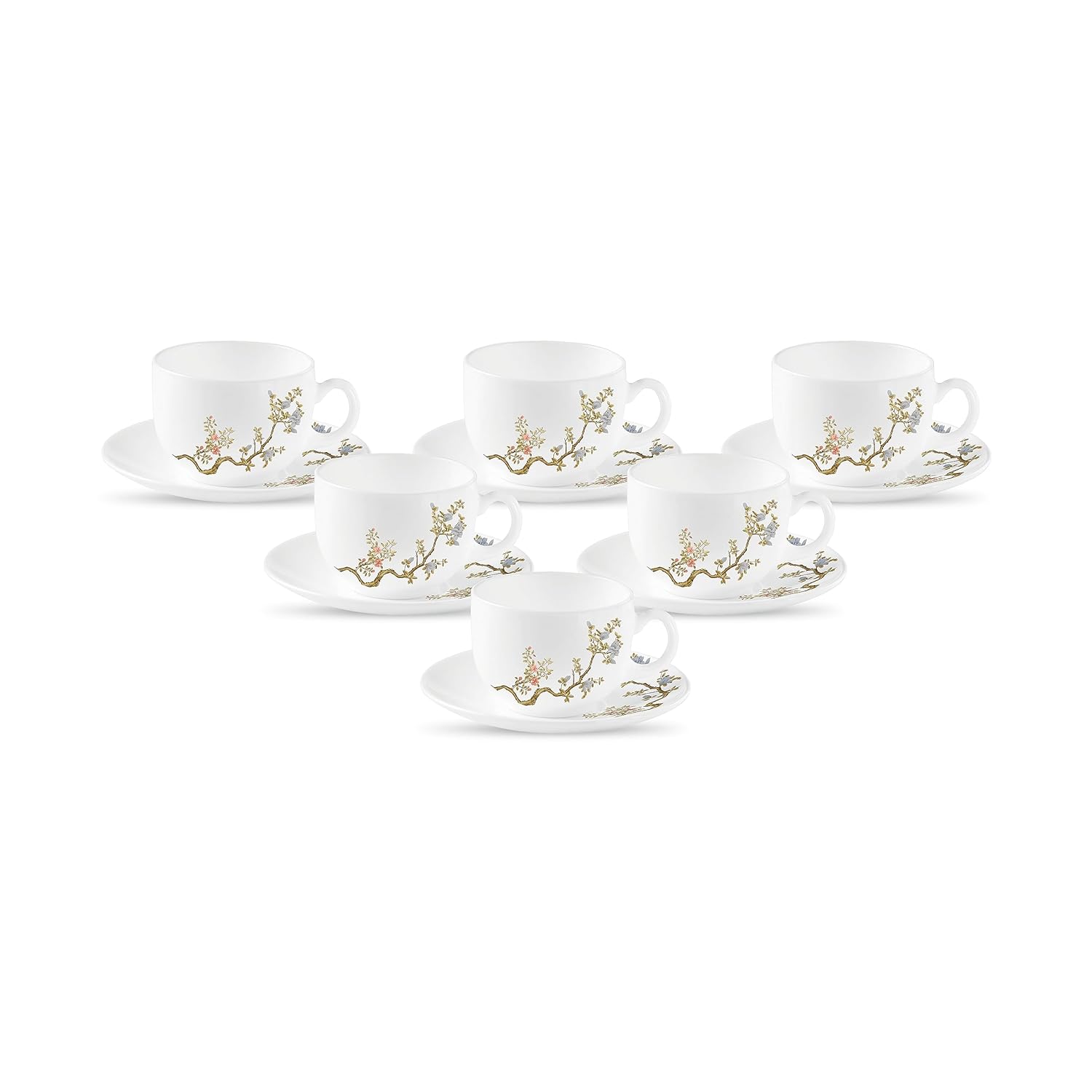 La Opala Diva, Pearl Collection Opal Glass Crockery | Cup & Saucer, Set of 12 | Zen Garden, 160 ml | for Tea & Coffee | Microwave Safe | 100% Vegetarian | Extra Strong | Super Light | Super White