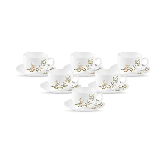 La Opala Diva, Pearl Collection Opal Glass Crockery | Cup & Saucer, Set of 12 | Zen Garden, 160 ml | for Tea & Coffee | Microwave Safe | 100% Vegetarian | Extra Strong | Super Light | Super White