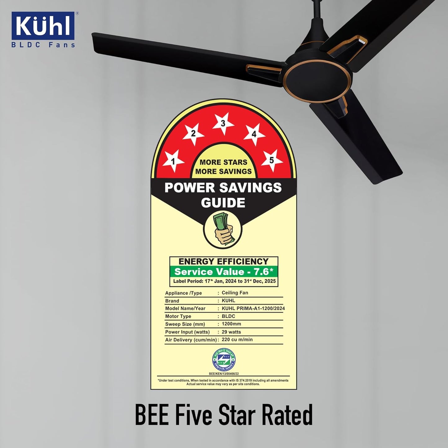KUHL Prima A1 1200 mm BLDC 65% Power Saving BLDC Ceiling Fan With Remote | BEE 5 Star Rated & ISI Marked | High Air Flow | 5 Year Brand Warranty | Black