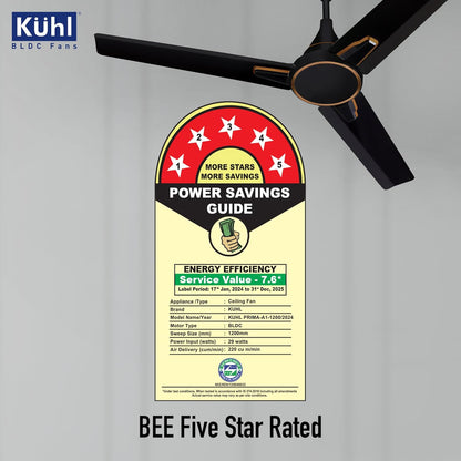 KUHL Prima A1 1200 mm BLDC 65% Power Saving BLDC Ceiling Fan With Remote | BEE 5 Star Rated & ISI Marked | High Air Flow | 5 Year Brand Warranty | Black