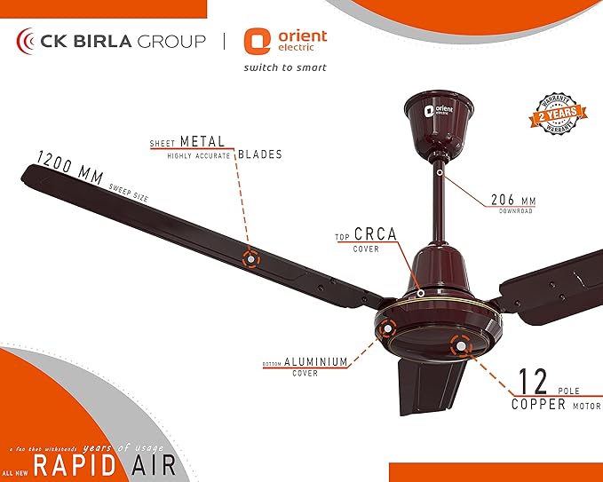 Orient Electric Rapid Air High Speed Ceiling Fan (1200mm, 48 Inch, Brown)